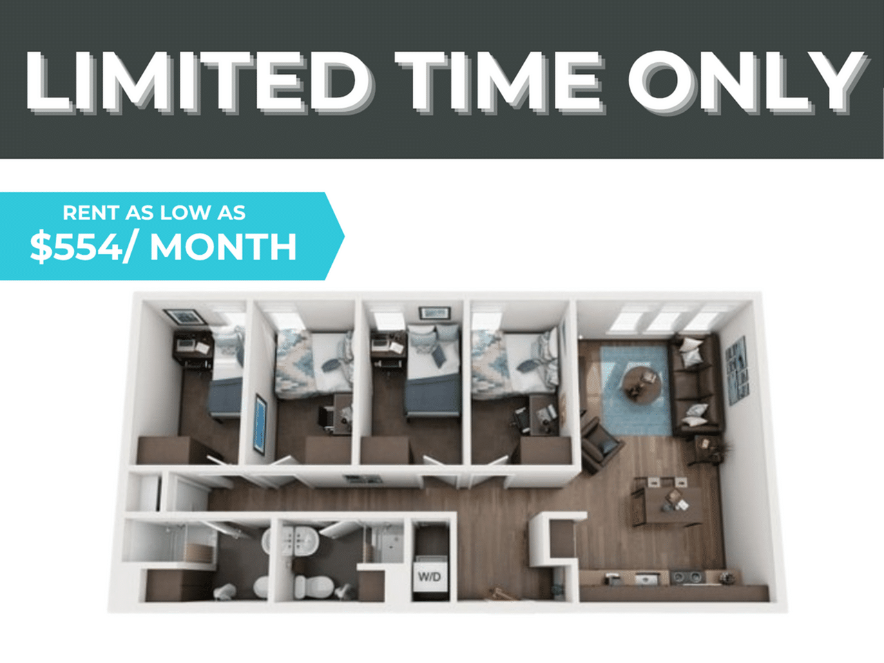 A 3D image of the 4BR/2BA – D2 floorplan, a 1042 squarefoot, 4 bed / 2 bath unit
