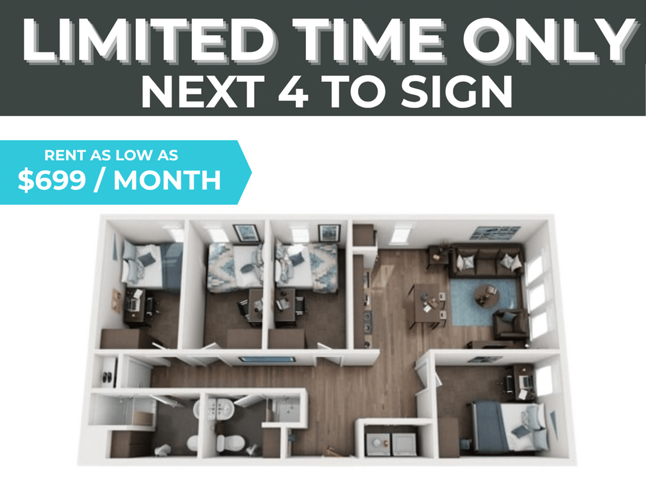 A 3D image of the 4BR/2BA – D1 floorplan, a 1060 squarefoot, 4 bed / 2 bath unit