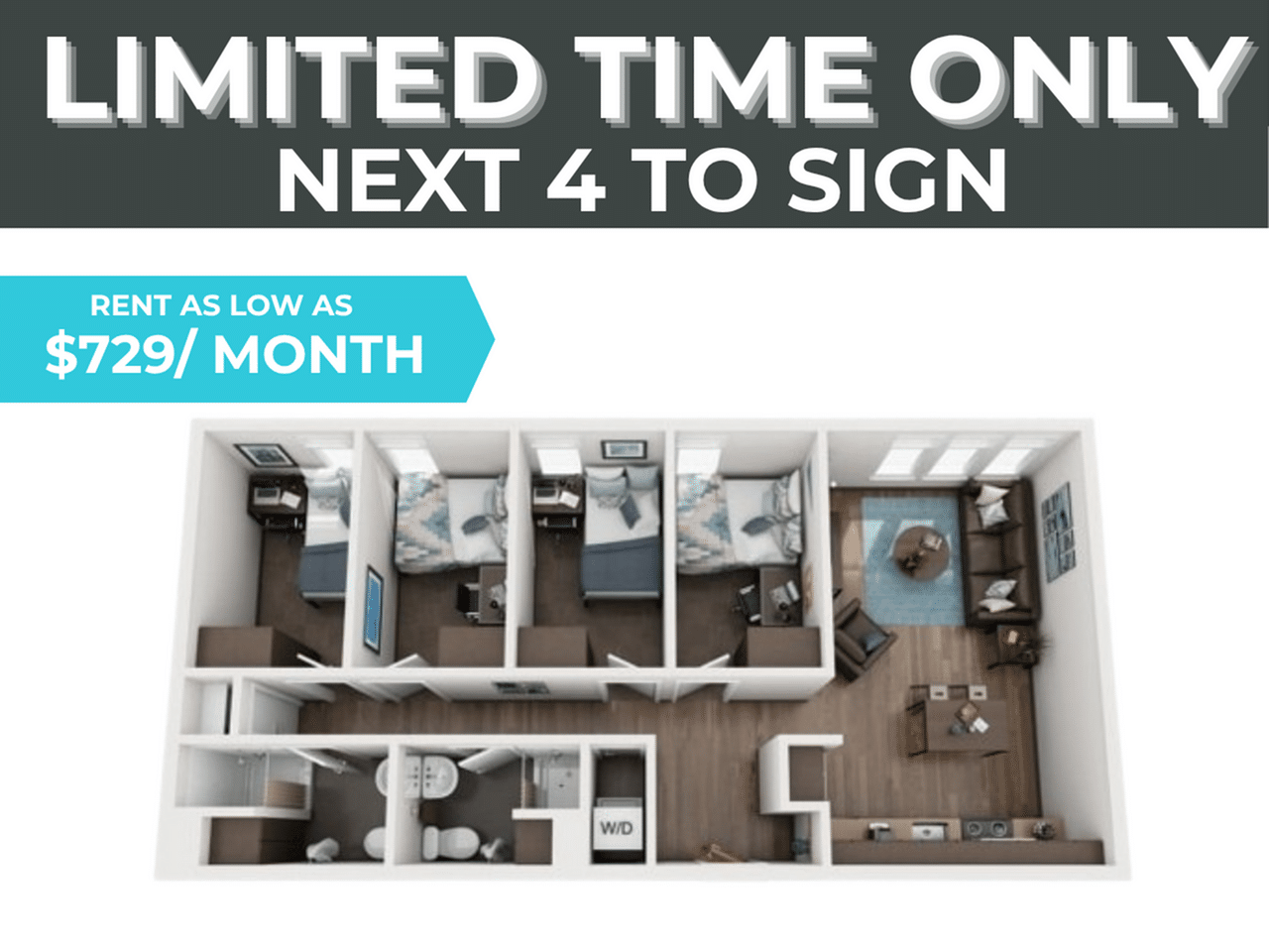 A 3D image of the 4BR/2BA – D2 floorplan, a 1042 squarefoot, 4 bed / 2 bath unit
