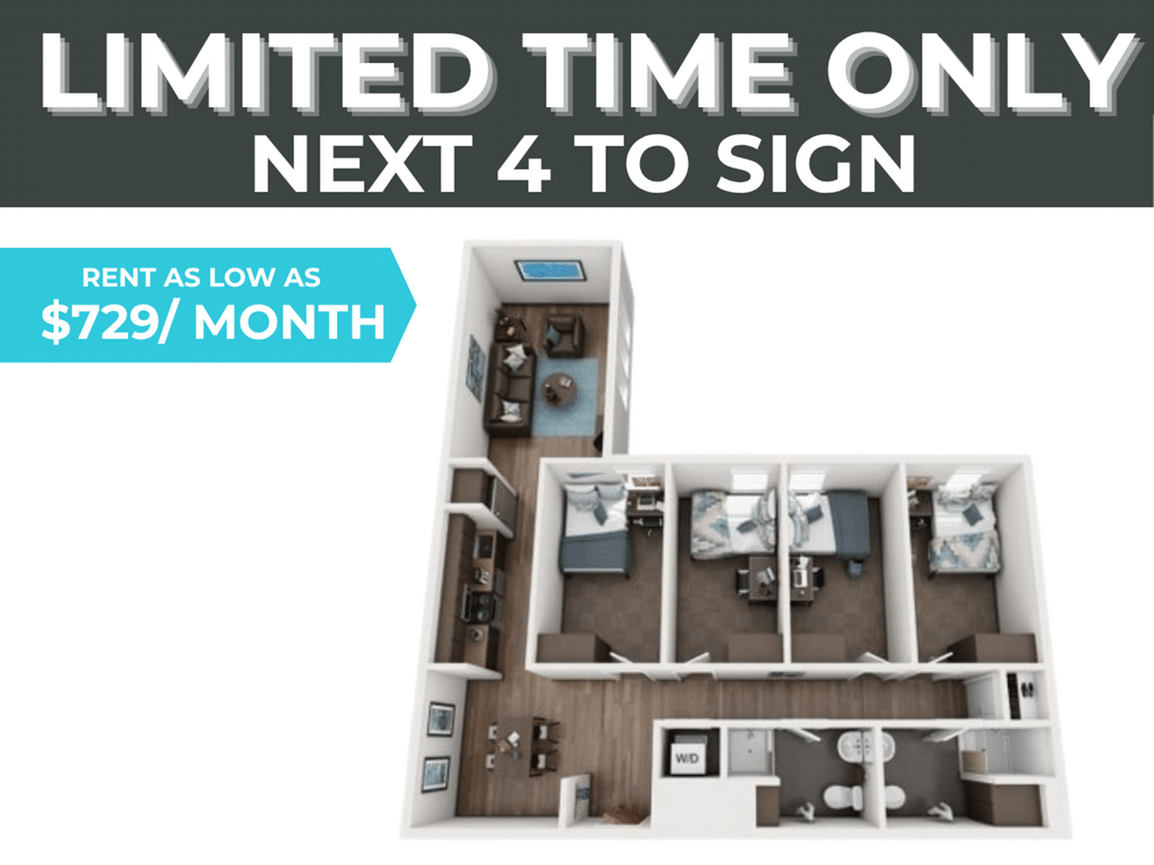 A 3D image of the 4BR/2BA – D3 floorplan, a 1090 squarefoot, 4 bed / 2 bath unit