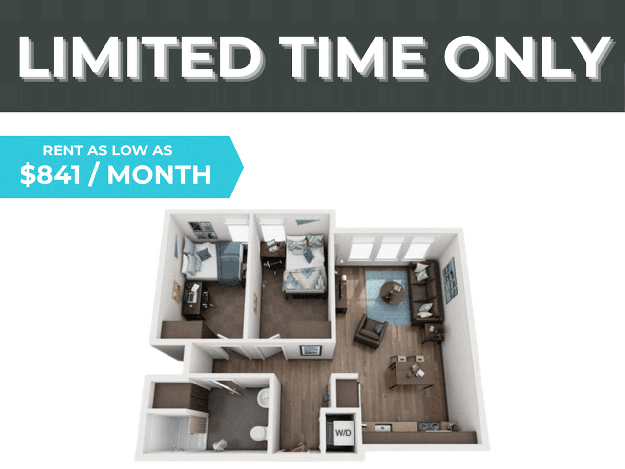 A 3D image of the 2BR/1BA floorplan, a 671 squarefoot, 2 bed / 1 bath unit
