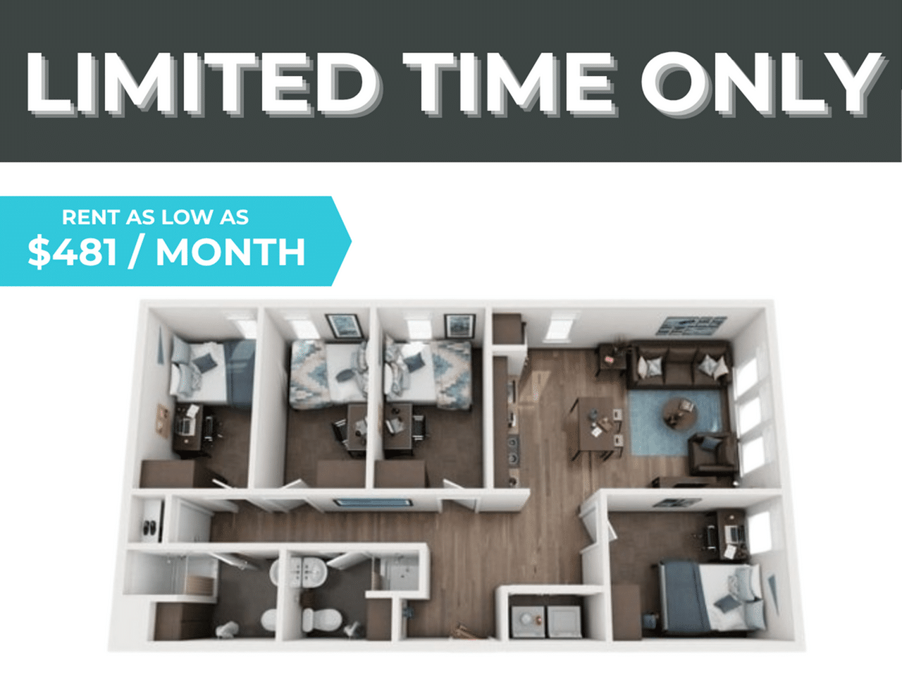 A 3D image of the 4BR/2BA – D1 floorplan, a 1060 squarefoot, 4 bed / 2 bath unit