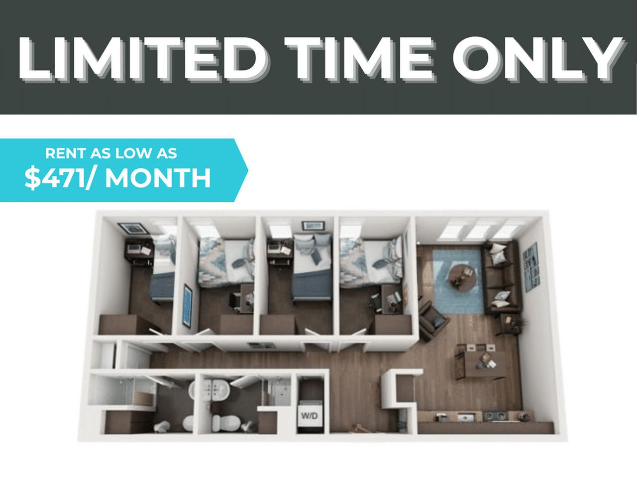 A 3D image of the 4BR/2BA – D2 floorplan, a 1042 squarefoot, 4 bed / 2 bath unit