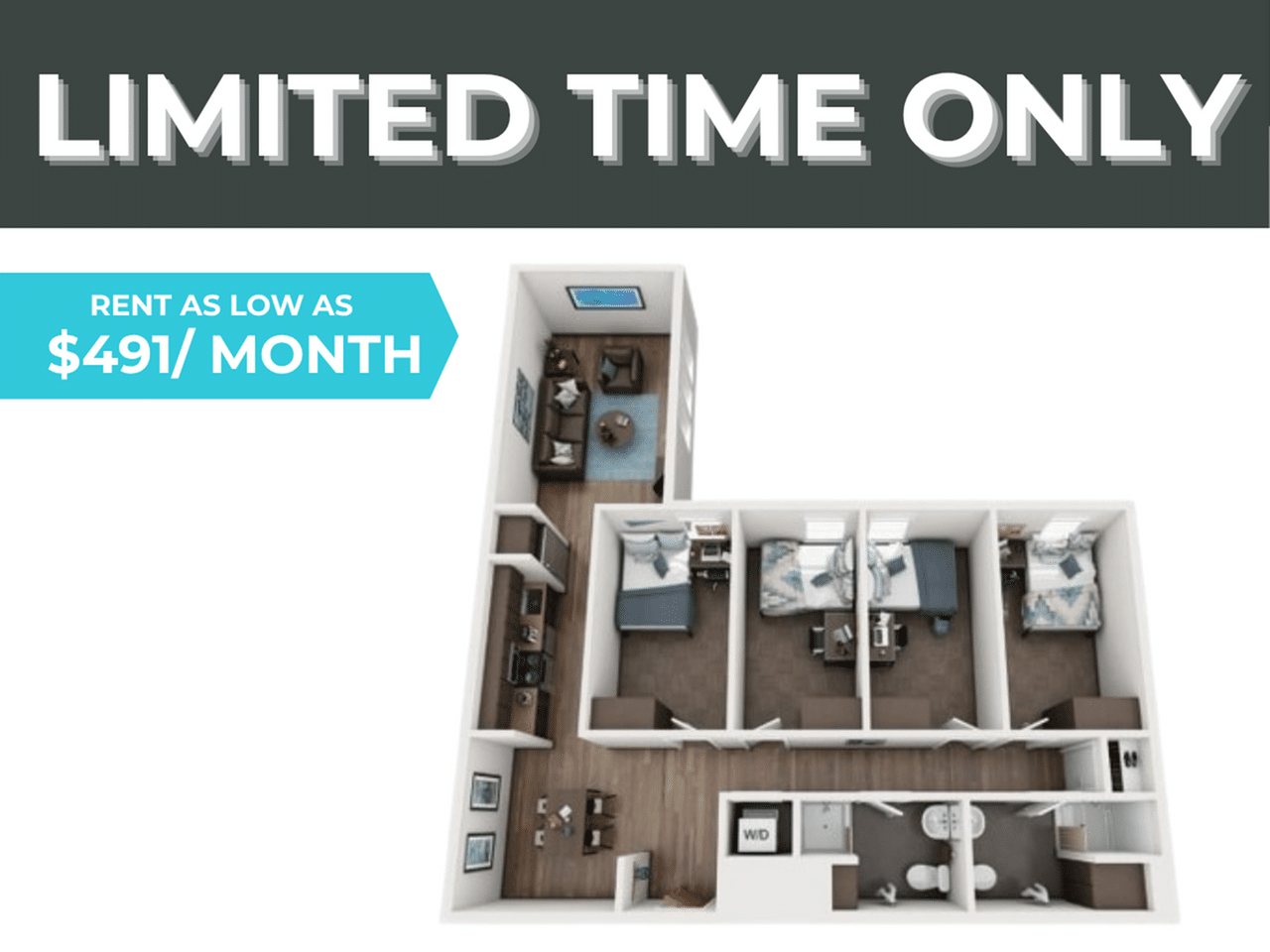 A 3D image of the 4BR/2BA – D3 floorplan, a 1090 squarefoot, 4 bed / 2 bath unit